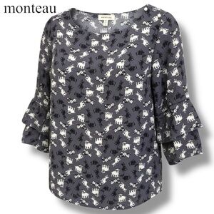 Monteau BlousePurple Black White Bulldog Chihuahua Print Ruffle Sleeve | Size M